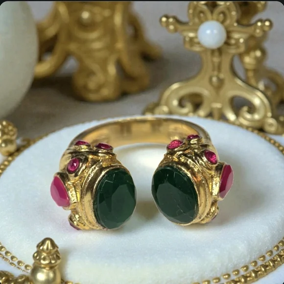 18k Gold Plated Chunky Green Onyx Pink Chalcedony Byzantine Ring - Picture 2 of 7